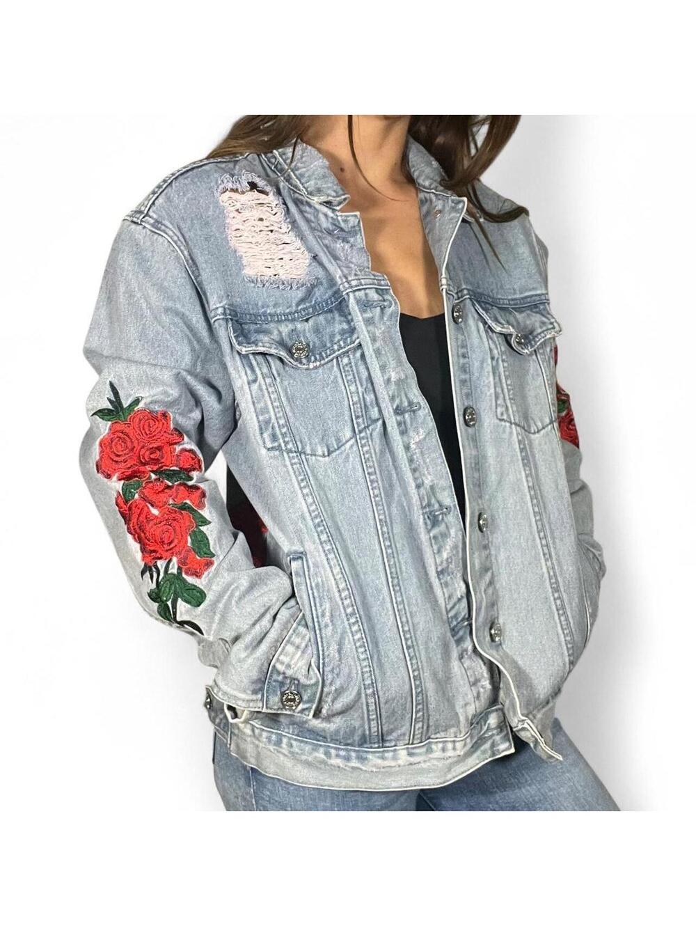 PacSun Blue Denim Jacket with Rose Embroidery Size Medium